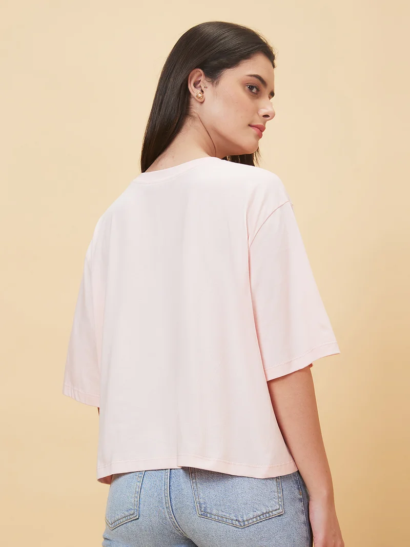 globus Globus Women Peach Round Neck Drop Shoulder Sleeves Boxy Fit Pure Cotton Casual T-Shirt