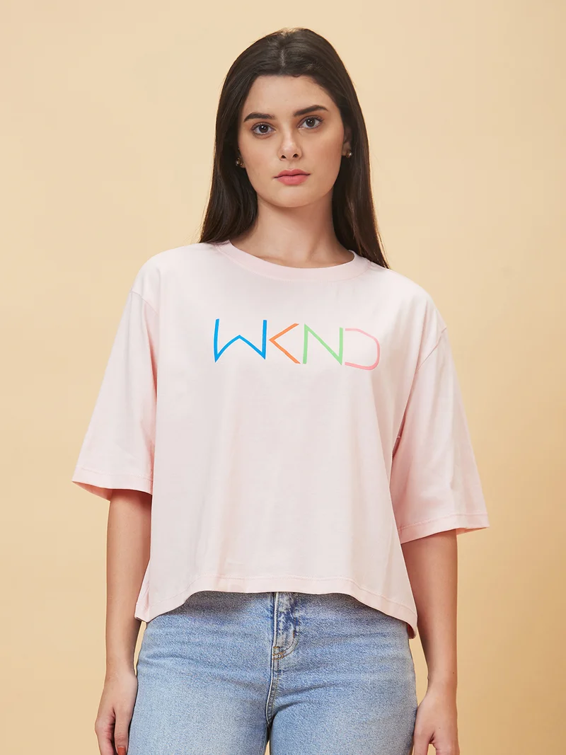 globus Globus Women Peach Round Neck Drop Shoulder Sleeves Boxy Fit Pure Cotton Casual T-Shirt
