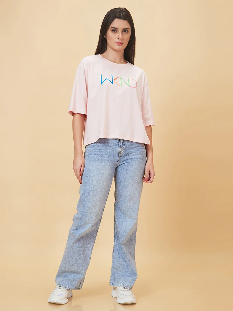 globus Globus Women Peach Round Neck Drop Shoulder Sleeves Boxy Fit Pure Cotton Casual T-Shirt