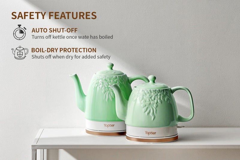 Toptier Electric Ceramic Tea Kettle, Boil Water Quickly and Easily, Detachable Swivel Base & Boil Dry Protection, Carefree Auto Shut Off, 1 L, White Leaf - Image 3