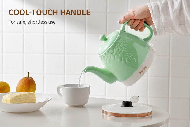 Toptier Electric Ceramic Tea Kettle, Boil Water Quickly and Easily, Detachable Swivel Base & Boil Dry Protection, Carefree Auto Shut Off, 1 L, White Leaf - Image 4