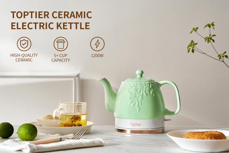 Toptier Electric Ceramic Tea Kettle, Boil Water Quickly and Easily, Detachable Swivel Base & Boil Dry Protection, Carefree Auto Shut Off, 1 L, White Leaf - Image 2