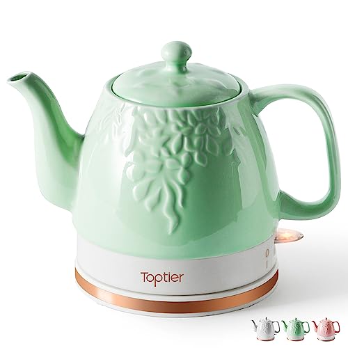 Toptier Electric Ceramic Tea Kettle, Boil Water Quickly and Easily, Detachable Swivel Base & Boil Dry Protection, Carefree Auto Shut Off, 1 L, White Leaf - Image 1