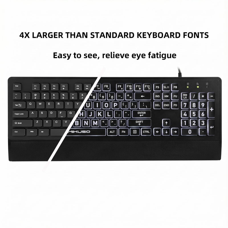 MIKUSO Large Print Keyboard for Seniors,Visually Impaired-High Contrast Black Keys,White Backlit with Cover,Wired USB 104 Full Size-Easy to Read Big Letters for Macular Degeneration Low Vision (No Glare) - Image 2