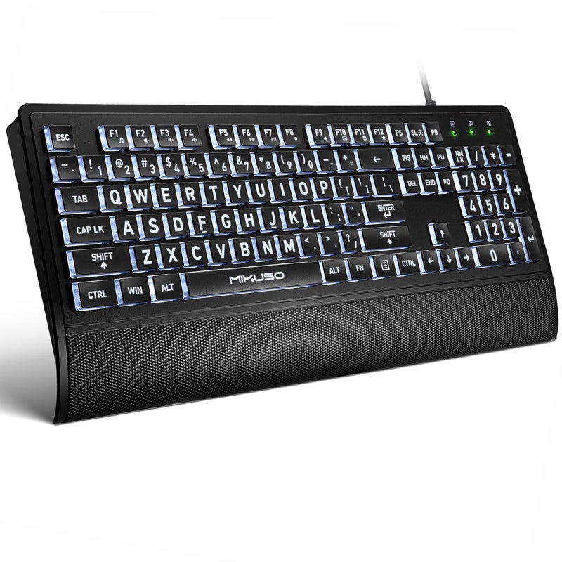 MIKUSO Large Print Keyboard for Seniors,Visually Impaired-High Contrast Black Keys,White Backlit with Cover,Wired USB 104 Full Size-Easy to Read Big Letters for Macular Degeneration Low Vision (No Glare) - Image 1