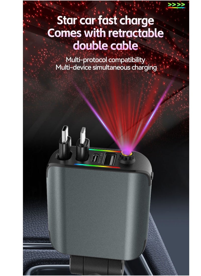 Beauenty 120W Fast Car Charger with Dual Retractable Charging Cable 4 in 1 Support IOS Type C USB Charger Ports 12/24V Fast Car Power Adapter with Starry atmosphere light for Tablet Ipad and Smart Phone Comp  - Image 2