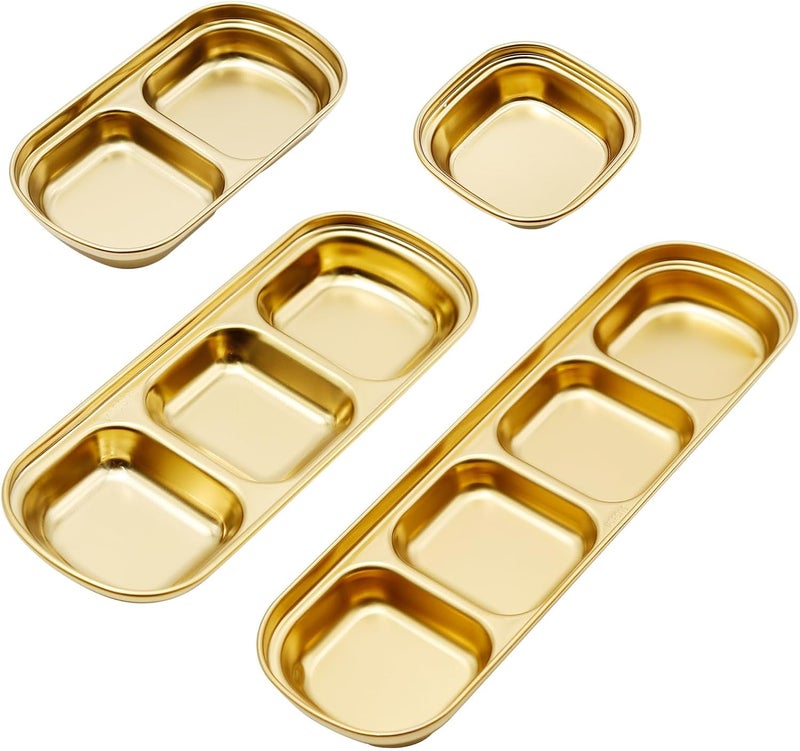 EATAKWARD 4 Pcs Stainless Steel Sauce Dish Divided Dipping Plates Divided Seasoning Sauce Dip Bowl 1234 Compartment Sauce Vinegar Seasoning Dishes Vinegar Soy Spice Condiment Tray for Home Restaurant - Image 1