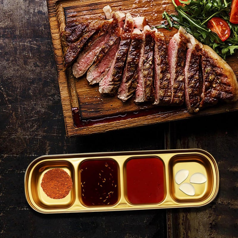 EATAKWARD 4 Pcs Stainless Steel Sauce Dish Divided Dipping Plates Divided Seasoning Sauce Dip Bowl 1234 Compartment Sauce Vinegar Seasoning Dishes Vinegar Soy Spice Condiment Tray for Home Restaurant - Image 5