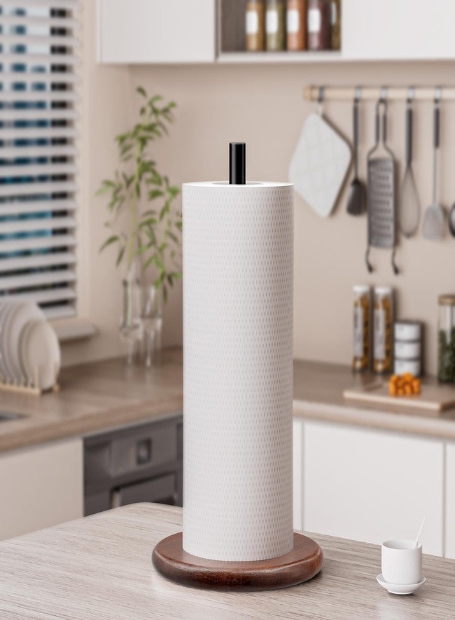 Jasopaco Modern Paper Towel Holder with Wooden Base, Countertop Stand, Brown Wood Base with Black Stainless Steel Post, Kitchen Roll Dispenser - Image 2
