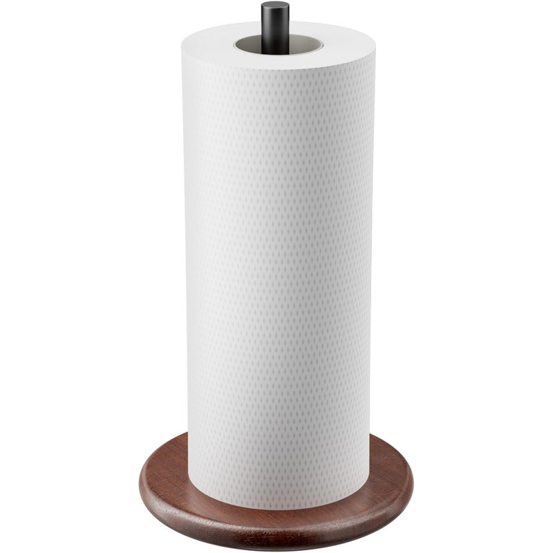 Jasopaco Modern Paper Towel Holder with Wooden Base, Countertop Stand, Brown Wood Base with Black Stainless Steel Post, Kitchen Roll Dispenser - Image 1