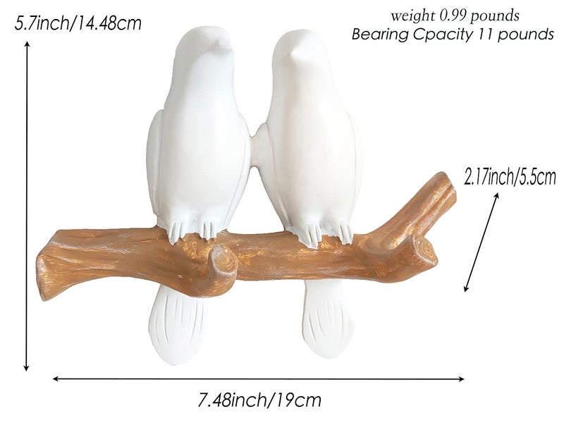 HaakLux Bird Hat Hook,Wall Hanger Decor Hooks,Mounted Resin Cast Ceramic,Tree Branch with Unique Hanging White Dove for Coat Towel Key Clothes in Bathroom Kitchen Bedroom Living Room(2 Birds) - Image 2