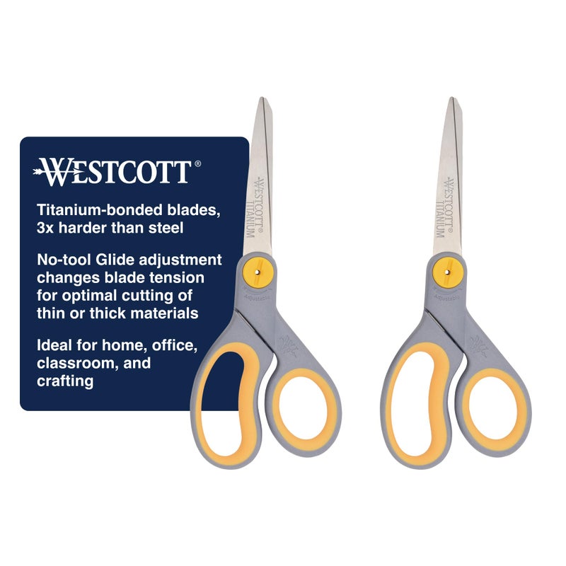 Westcott 8â€ Titanium Bonded Scissors with Adjustable Glide and Soft Handle, 2-Pack- Durable Multipurpose Scissors for Office, Home, and School Use, Sharp Precision Blades for Everyday Cutting - Image 1