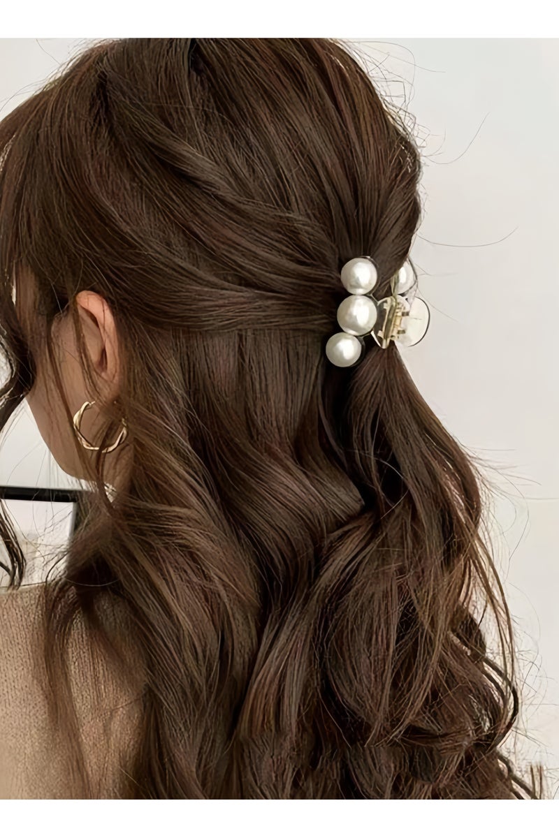 خاجول قطعتان من مشابك الشعر النسائية الزخرفية مع خرز لؤلؤ صناعي وتصميم أنيق إكسسوارات شعر لحفلات الزفاف أو للاستخدام اليومي مناسبة للشعر الكثيف أو الناعم أنيقة لصيف باللون الأبيض - Image 3