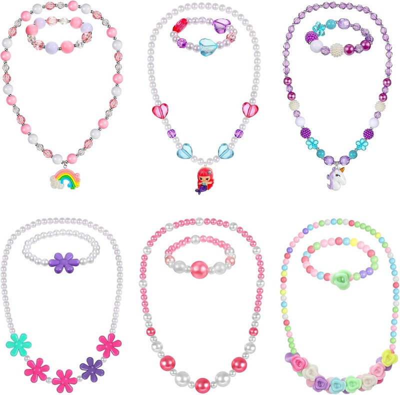 Sumind 6 Sets Toddler Jewelry for Little Girls Baby Beaded Necklace and Bracelet Costume Dress up Jewelry Gifts Princess Party Favors(Fashion Style) - Image 1