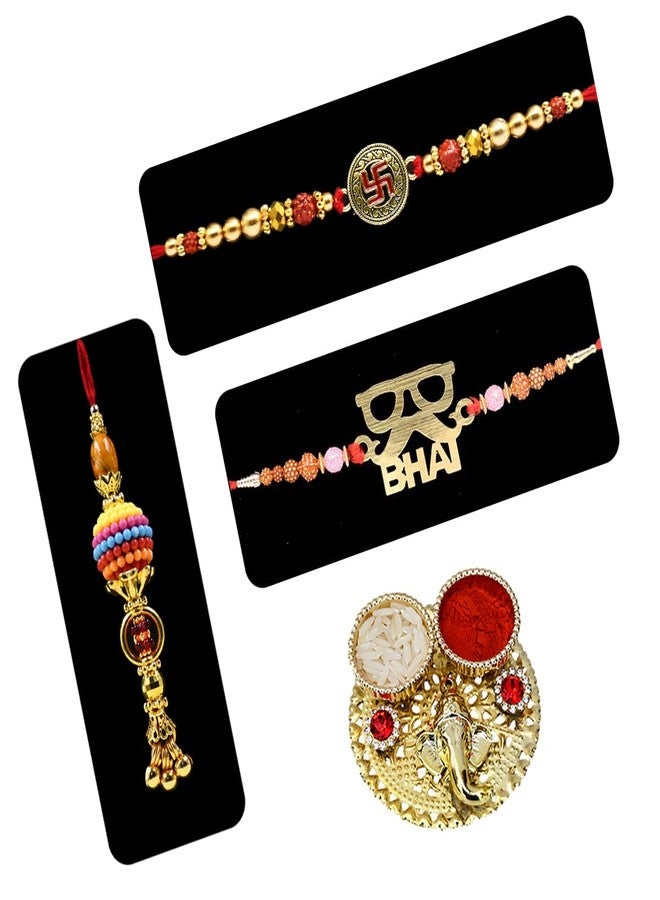 Natali Traders Set of 3 Rakhi with Roli Chawal Chopra - Swastik Rakhi for Brother - Designer Lumba Rakhee for Bhabhi - Bhai Rakhee - Image 1