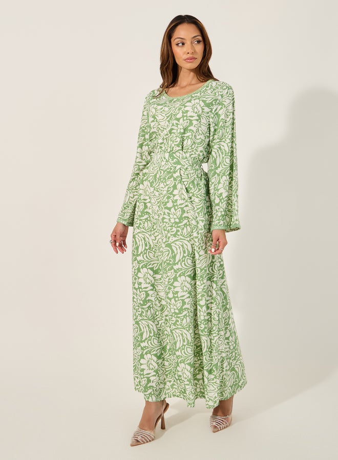 Styli Textured All-Over Print Round Neck A-Line Jalabyia  - Image 1