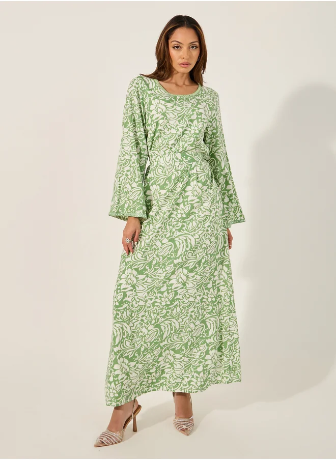 ستايلي Textured All-Over Print Round Neck A-Line Jalabyia