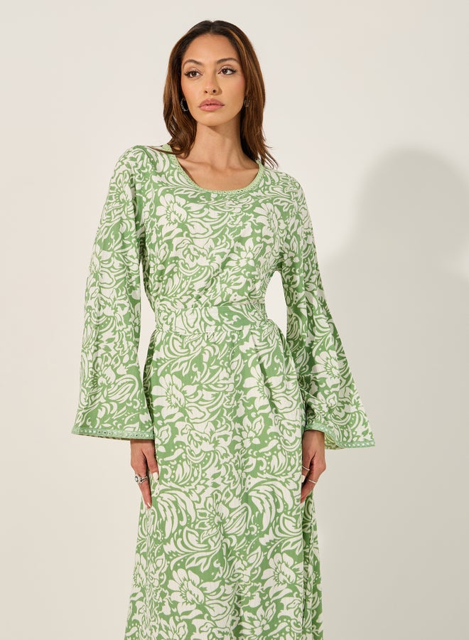 Styli Textured All-Over Print Round Neck A-Line Jalabyia  - Image 3