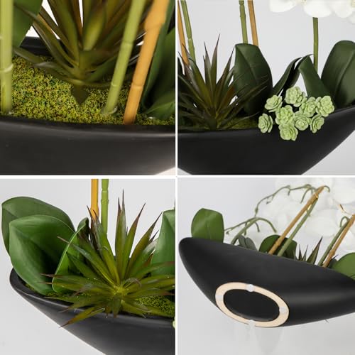 Briful Orchid Fake Flowers 17in White Artificial Orchid Silk Flowers in Black Pot Faux Orchid Arrangement for Home Office Bathroom Dining Table Modern Decoration - Image 4