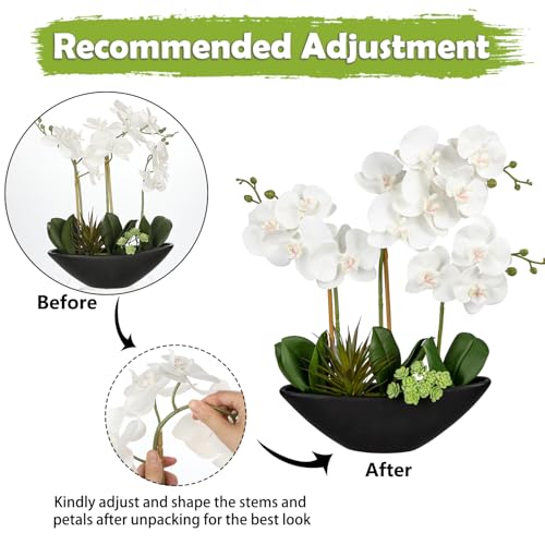 Briful Orchid Fake Flowers 17in White Artificial Orchid Silk Flowers in Black Pot Faux Orchid Arrangement for Home Office Bathroom Dining Table Modern Decoration - Image 3