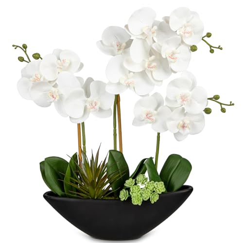 Briful Orchid Fake Flowers 17in White Artificial Orchid Silk Flowers in Black Pot Faux Orchid Arrangement for Home Office Bathroom Dining Table Modern Decoration - Image 1