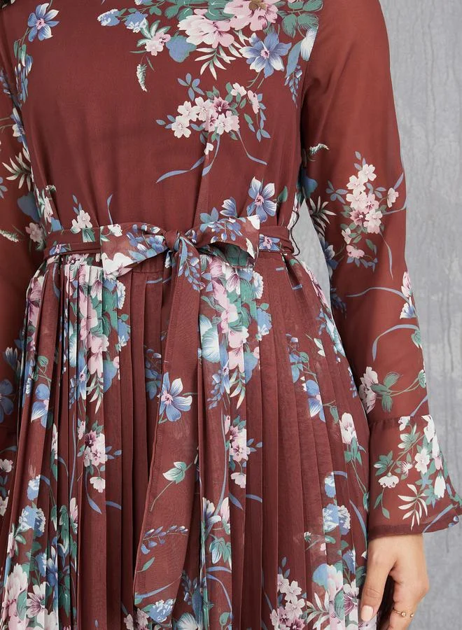 Take Two Floral Print Pleated Hem A-Line Maxi Dress