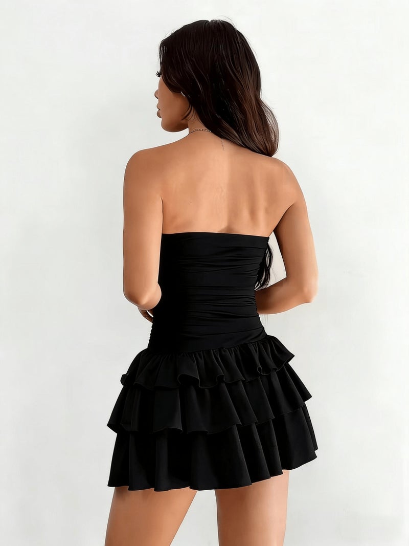 ZJ02250319 Women's Summer Cute and Sexy Tube Top Cake Skirt Ruffle Mini Dress - Image 2
