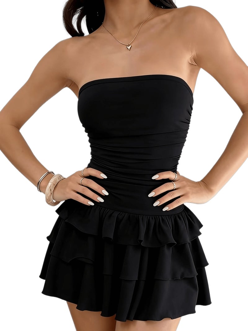 ZJ02250319 Women's Summer Cute and Sexy Tube Top Cake Skirt Ruffle Mini Dress - Image 1