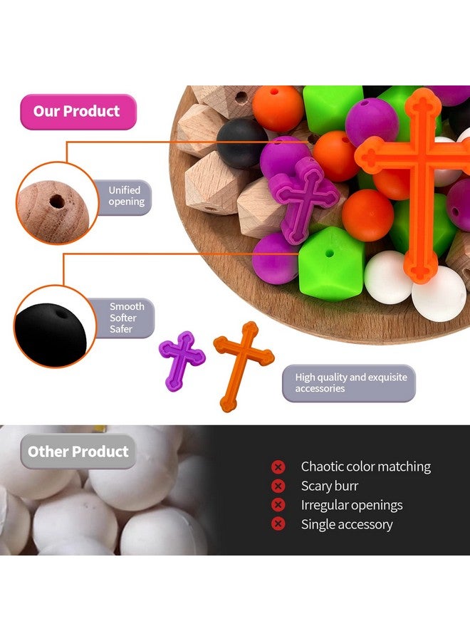 mandoo Silicone Beads, 122pcs Silicone Beads Cross Bulk Round Bead 15mm Hexagon Silicone Beads 17mm for Jewelry Making Large Beads with Lanyard & Key Chain Ring for Keychain Making Cross (Halloween) - Image 3