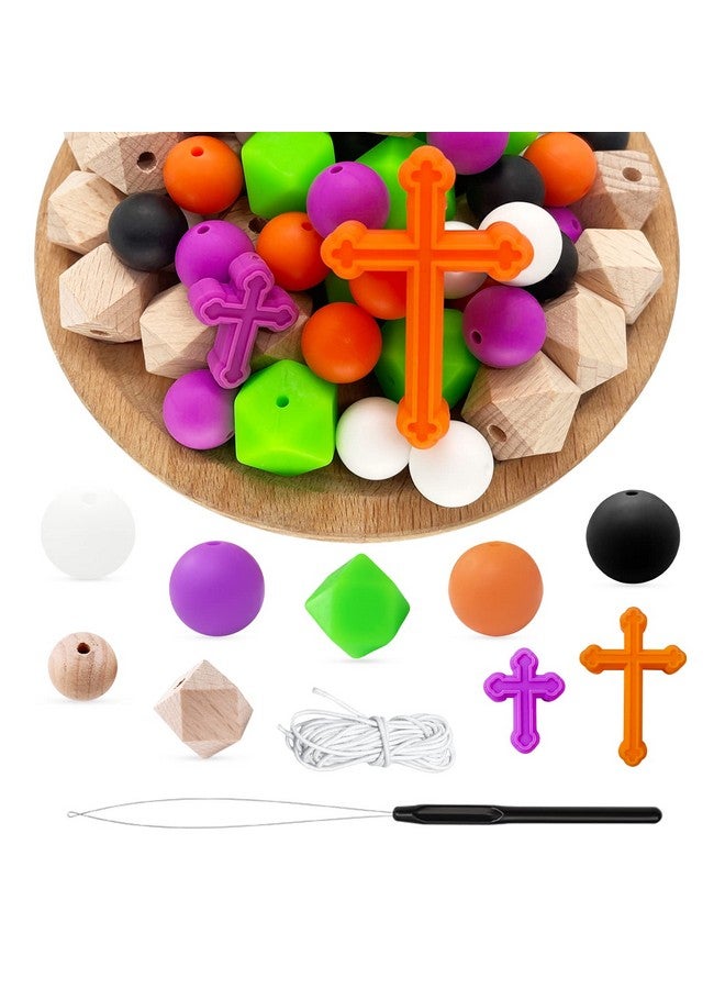 mandoo Silicone Beads, 122pcs Silicone Beads Cross Bulk Round Bead 15mm Hexagon Silicone Beads 17mm for Jewelry Making Large Beads with Lanyard & Key Chain Ring for Keychain Making Cross (Halloween) - Image 1