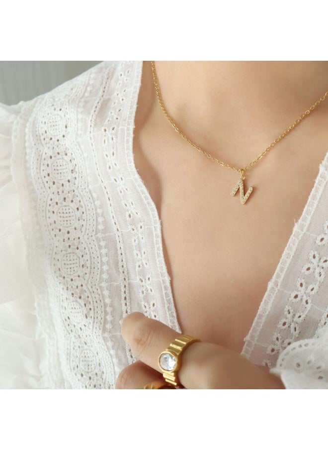 NIBEMINENT Popular Hot- Flash Zircon Inlaid With 26 English Letters Design Light Luxury Girls Titanium Steel Pendant Necklace Jewelry 