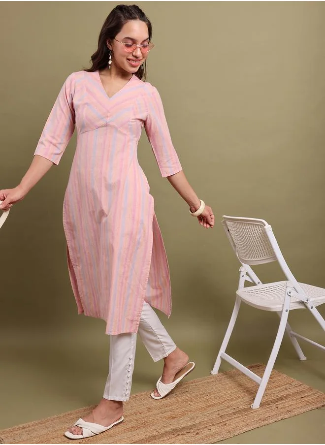 فيشود Women Striped V-Neck Cotton Kurta by Styli