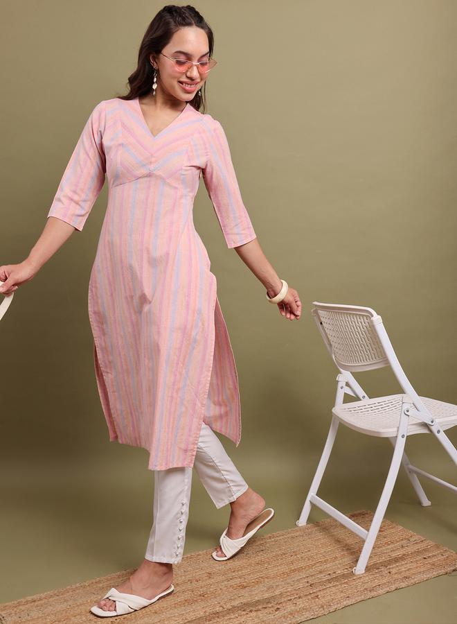 فيشود كورتا قطن مخطط بياقة على شكل حرف  للنساء - Image 1