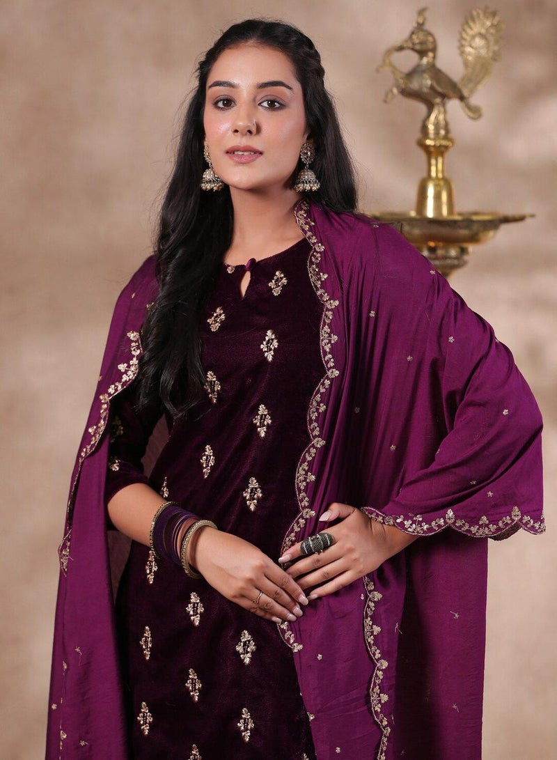 ISHIN Women'S Purple Velvet Self Design Full Length Palazzo Kurta Set - Image 2