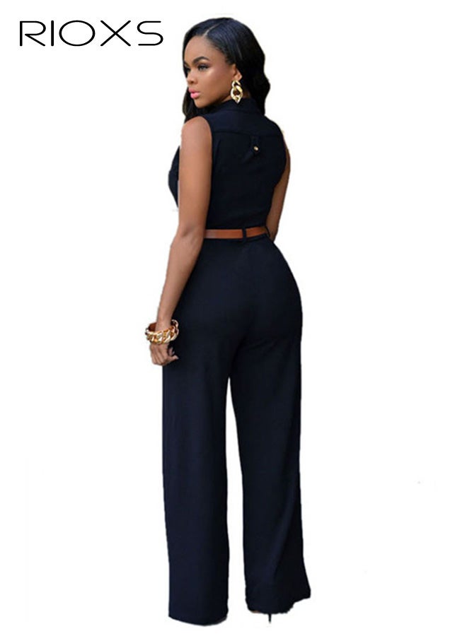 RIOXS Women's One Piece Jumpsuits, Dressy Casual V-Neck  Sleeveless Wide Leg  Pants with Pockets, Elegant Haigh Waist Button Down Romper with Belt for Ladies, Summer Jumpsuit Rompers for Business Office - Image 2