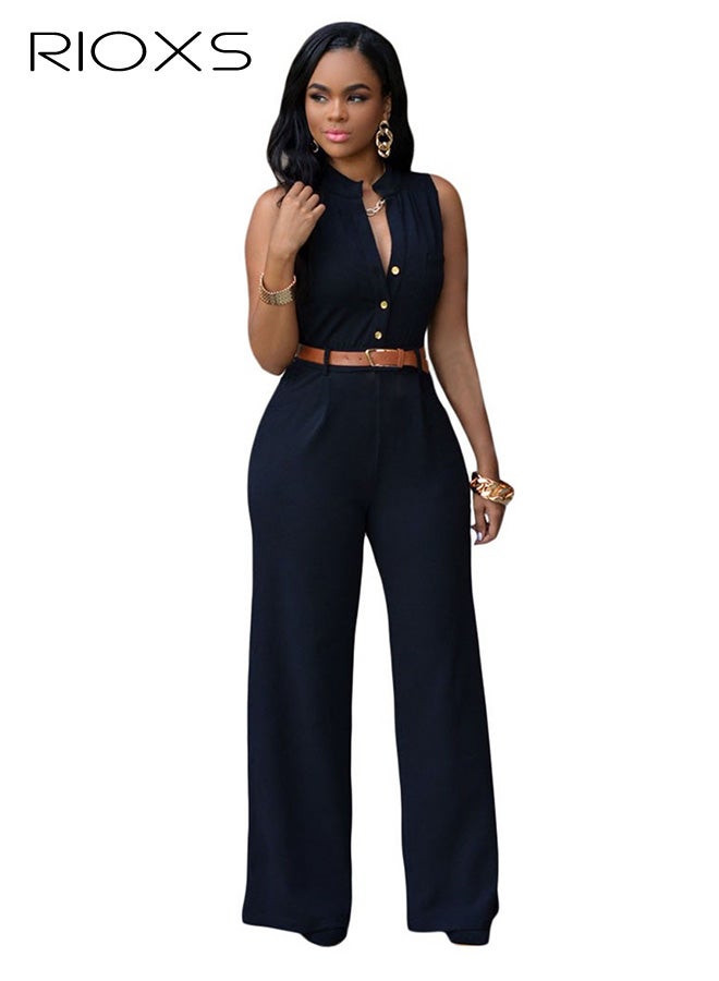 RIOXS Women's One Piece Jumpsuits, Dressy Casual V-Neck  Sleeveless Wide Leg  Pants with Pockets, Elegant Haigh Waist Button Down Romper with Belt for Ladies, Summer Jumpsuit Rompers for Business Office - Image 1
