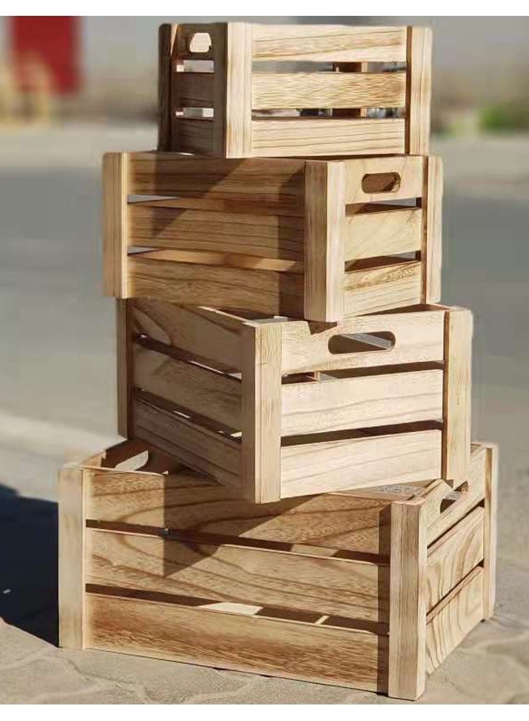 LINGWEI Natural Wooden Storage Crates Set of 4 Nesting Wooden Boxes with Cutout Handles, Rustic Farmhouse Decorative Storage Containers - Image 1