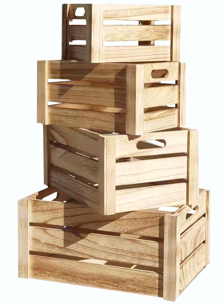 LINGWEI Natural Wooden Storage Crates Set of 4 Nesting Wooden Boxes with Cutout Handles, Rustic Farmhouse Decorative Storage Containers - Image 2