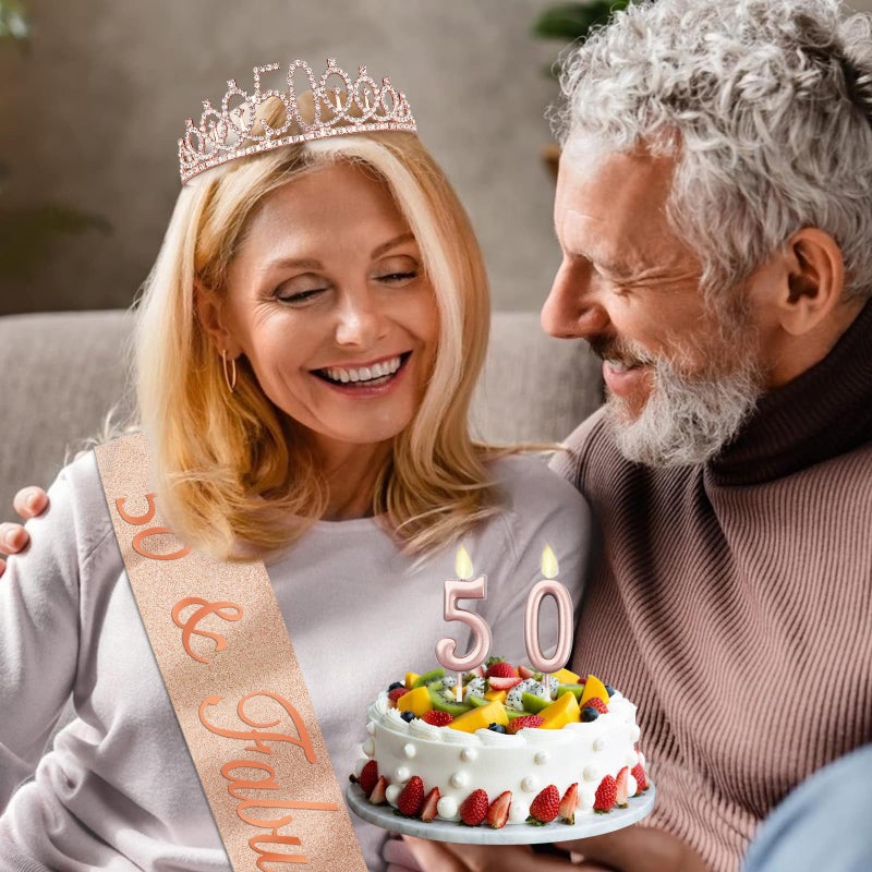 Juesly 50Th Birthday Decoration For Women With Rose Gold Sash  Tiara Numbers Candles  Sincere 50Th Birthday Gifts For Women - Image 4