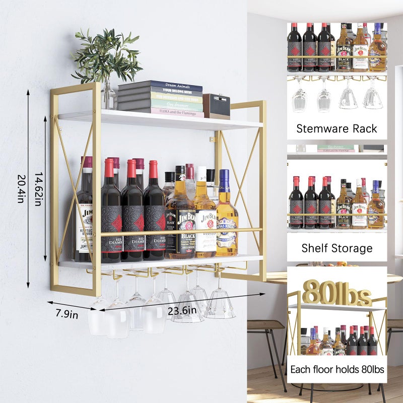 Dosker Dokser Wine Rack Wall Mounted 2 Tier Shelf, Wall Wine Rack with Industrial Iron & Rustic Wood Frame Wine Bottle Holder for Kitchen, Dining Room, Home Bar Decor (Gold) - Image 2
