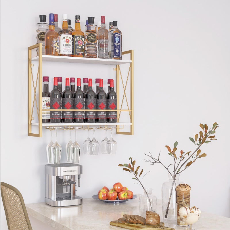 Dosker Dokser Wine Rack Wall Mounted 2 Tier Shelf, Wall Wine Rack with Industrial Iron & Rustic Wood Frame Wine Bottle Holder for Kitchen, Dining Room, Home Bar Decor (Gold) - Image 5