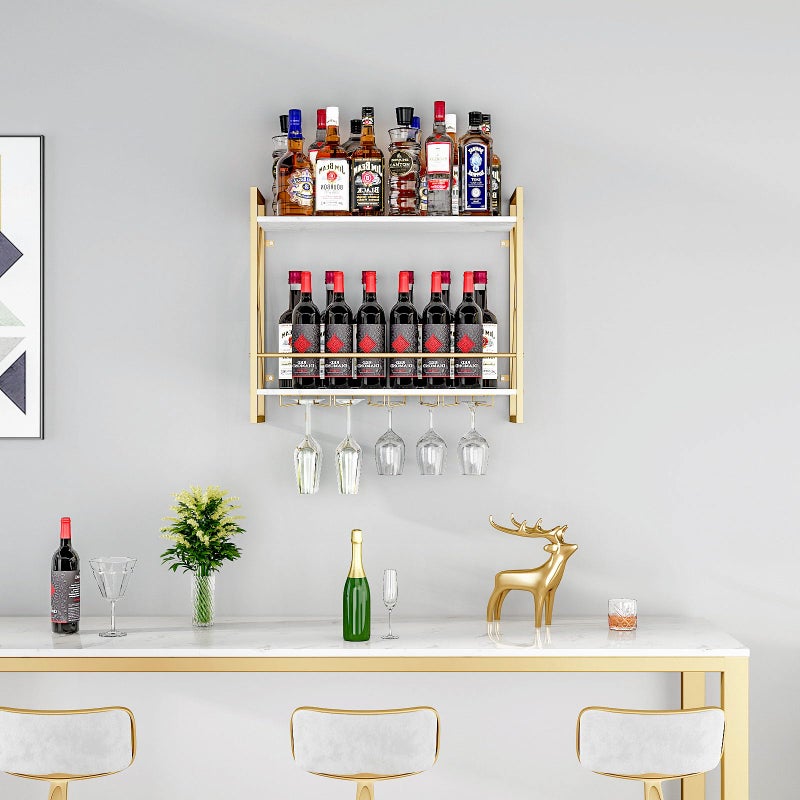 Dosker Dokser Wine Rack Wall Mounted 2 Tier Shelf, Wall Wine Rack with Industrial Iron & Rustic Wood Frame Wine Bottle Holder for Kitchen, Dining Room, Home Bar Decor (Gold) - Image 4