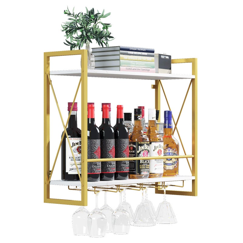 Dosker Dokser Wine Rack Wall Mounted 2 Tier Shelf, Wall Wine Rack with Industrial Iron & Rustic Wood Frame Wine Bottle Holder for Kitchen, Dining Room, Home Bar Decor (Gold) - Image 1