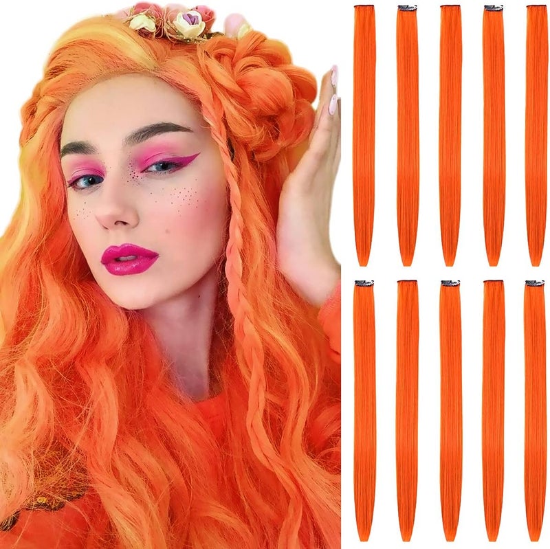 10pcs Colored Clip in Hair Extensions 22 Straight Fashion Hairpieces for Party Highlights Pink 22 Orange