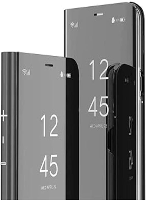 YLSM Case for iphone 12 Pro Case Luxury Clear View Plating Mirror Case Built-in Flip Cover Folding Bracket Protective Cover - Black