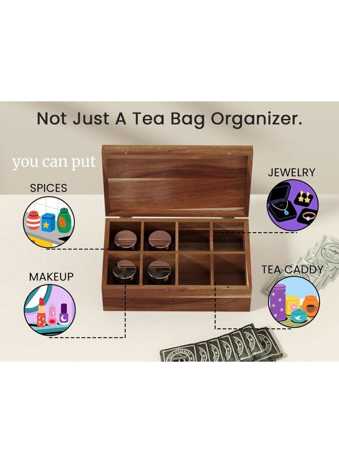 Danfoxer Acacia Wood Tea Bag Organizers, Tea and Sugar Packet Storage Chest with Lid, Wooden Teabag Holder Containers,Tea Box with 8 Compartments - Image 2