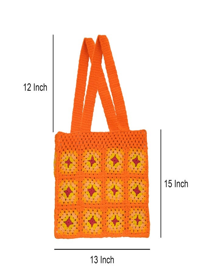 Sutra Handmade Wool Crochet Orange Yellow Patchwork Bag | Boho Shoulder Purse | Eco-Friendly Reusable Tote Bag | Summer Beach Handbag for Women Girls - Image 2