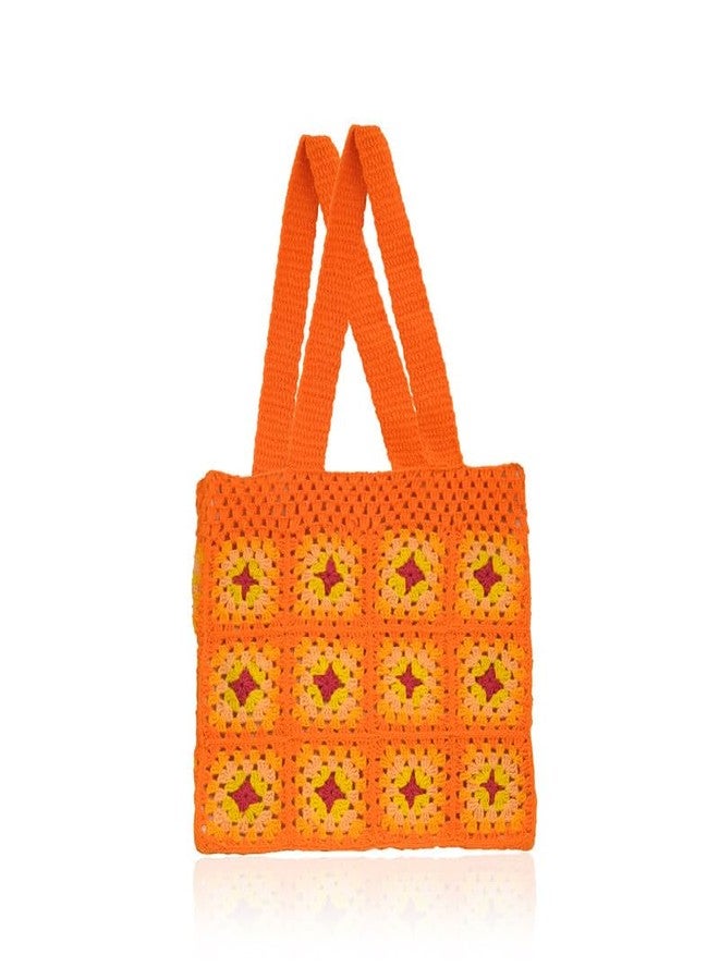 Sutra Handmade Wool Crochet Orange Yellow Patchwork Bag | Boho Shoulder Purse | Eco-Friendly Reusable Tote Bag | Summer Beach Handbag for Women Girls - Image 1