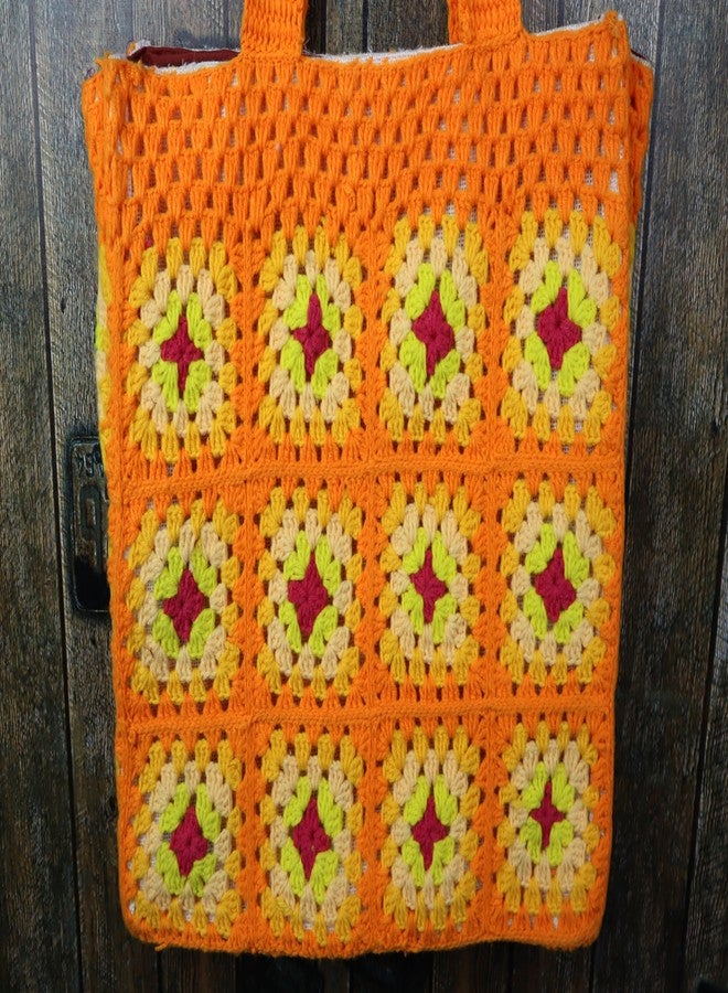 Sutra Handmade Wool Crochet Orange Yellow Patchwork Bag | Boho Shoulder Purse | Eco-Friendly Reusable Tote Bag | Summer Beach Handbag for Women Girls - Image 3