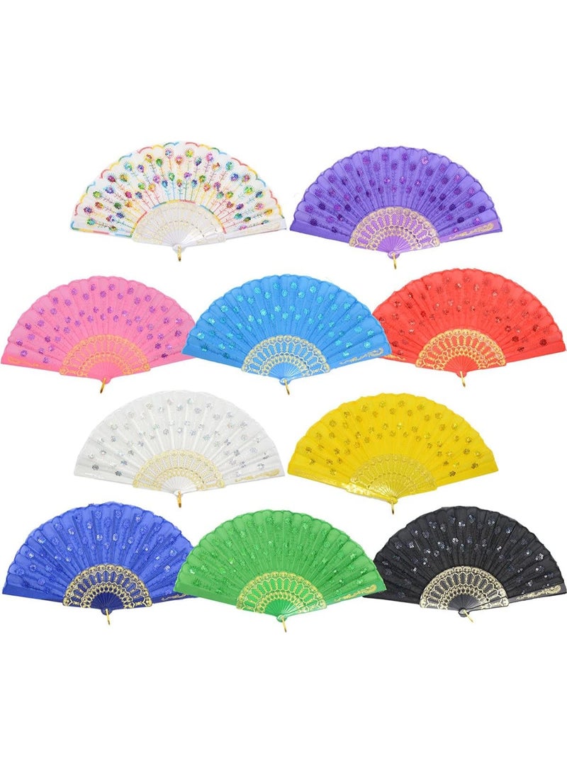 Women's foldable hand fans featuring colorful peacock-tail-inspired designs – classic Spanish-style fans suitable for weddings, décor, and gifts (assorted colors, set of 12). - Image 5